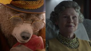 Aunt Lucy hugging Paddington in Paddington 2 and Imelda Staunton as Queen Elizabeth II in The Crown, pictured side-by-side.