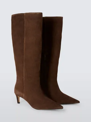 John Lewis Scarlette Suede Kitten Heel Pull on Knee Boots, Chocolate