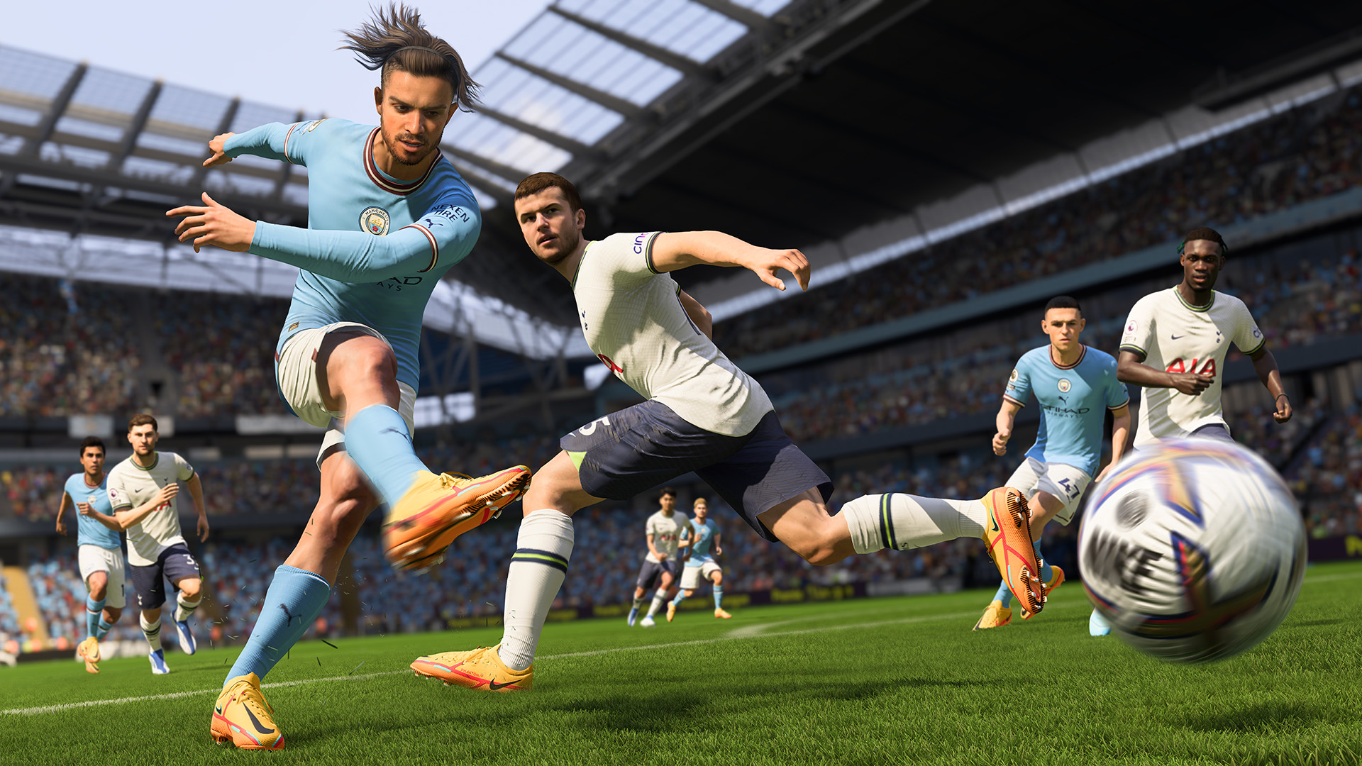 FIFA 23 player kicking the ball at the camera passing another player