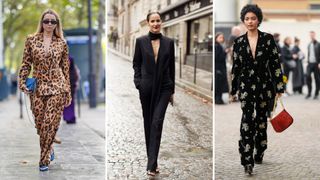 A composite of three street style influencers wearing Christmas party outfits - the party suit