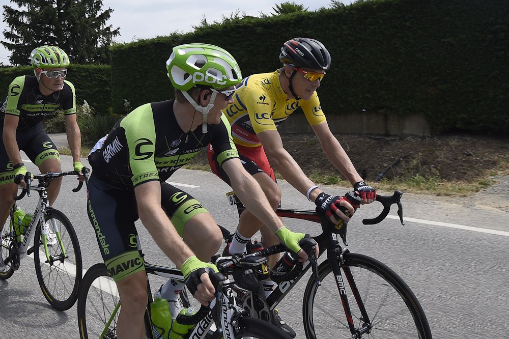 Race leader Rohan Dennis chats with Andrew Talansky during stage 4.
