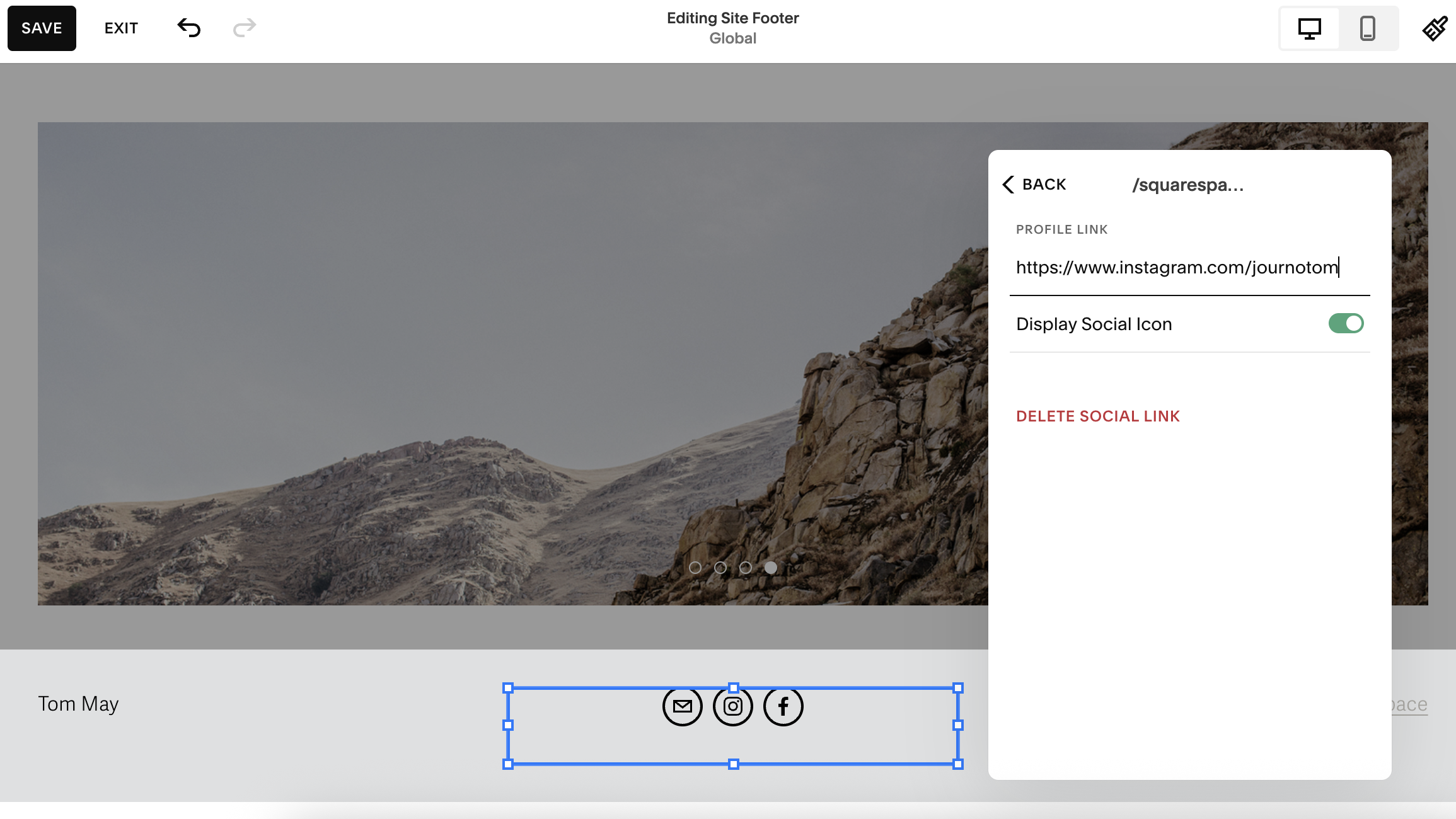 Screenshot showing links being added to social icons in Squarespace interface