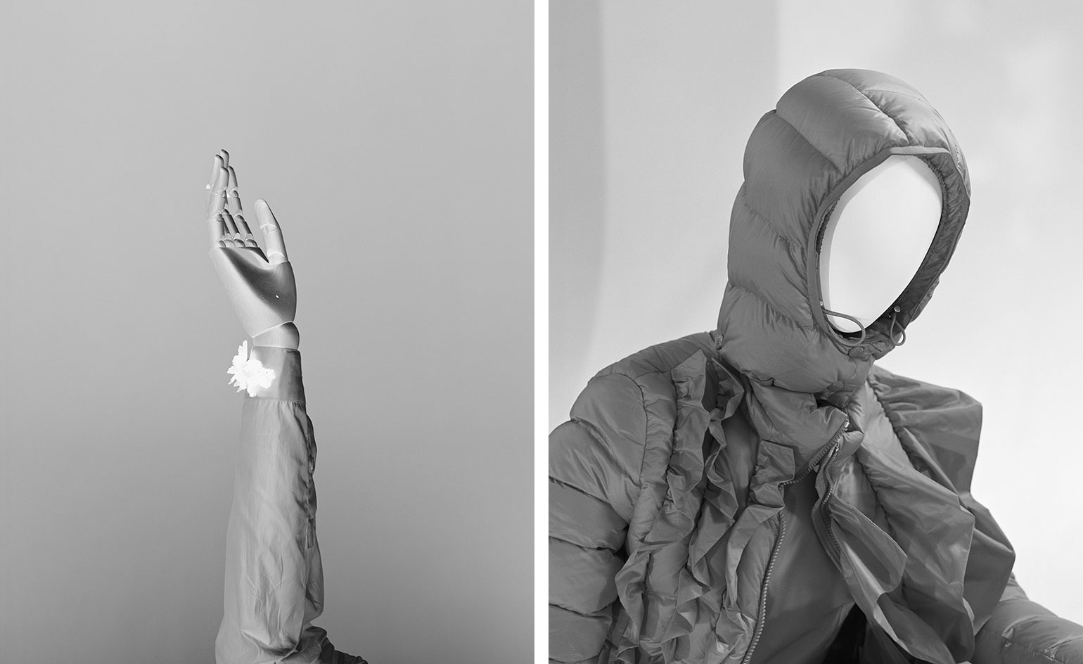Left, shirt with embroidered cuff, £825. Right, Nylon jacket, £1,250