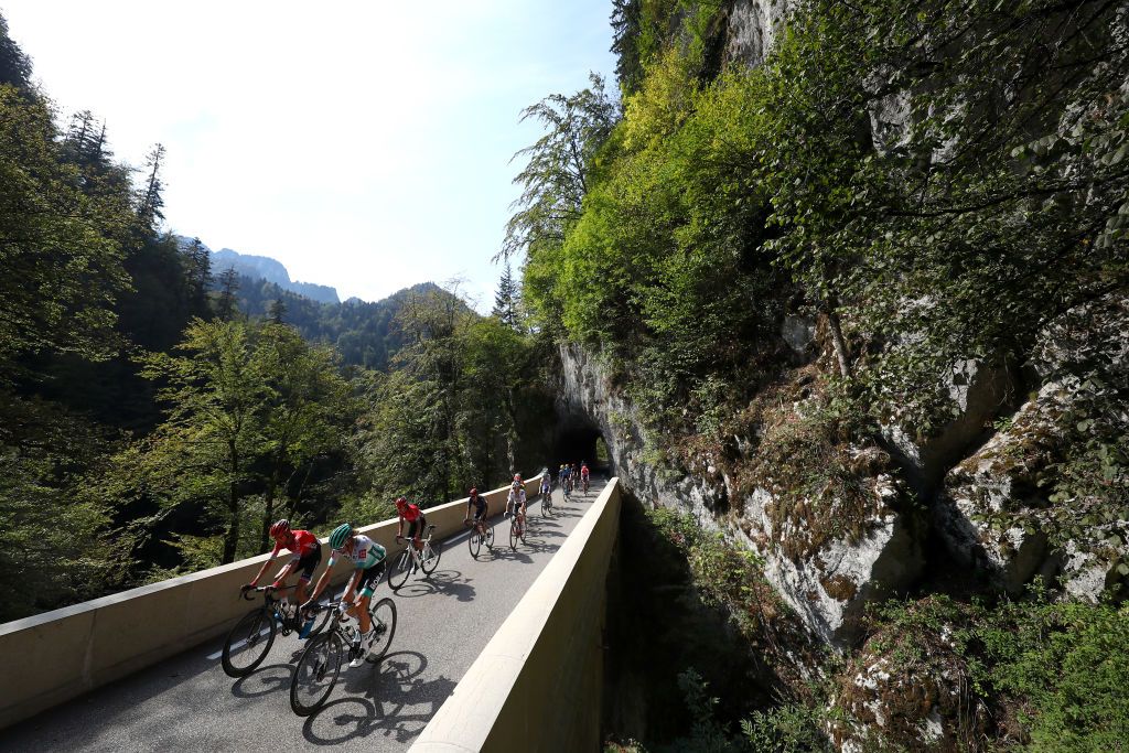 VILLARDDELANS FRANCE SEPTEMBER 15 Warren Barguil of France and Team Arkea Samsic Daniel Oss of Italy and Team Bora Hansgrohe Winner Andrew Anacona of Colombia and Team Arkea Samsic Peloton Landscape Mountains during the 107th Tour de France 2020 Stage 16 a 164km stage from La TourDuPin to VillardDeLans 1152m Auberge de la Cte 2000 TDF2020 LeTour on September 15 2020 in VillardDeLans France Photo by Michael SteeleGetty Images