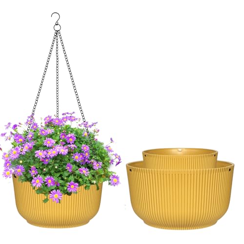 Rootrimmer Hanging Planters 9/10/11 Inch for Indoor Plants, 3 Pack Plant Hanger Outdoor With Drainage Holes, Self Watering Hanging Basket Flower Pot for Garden Home Decor, Yellow