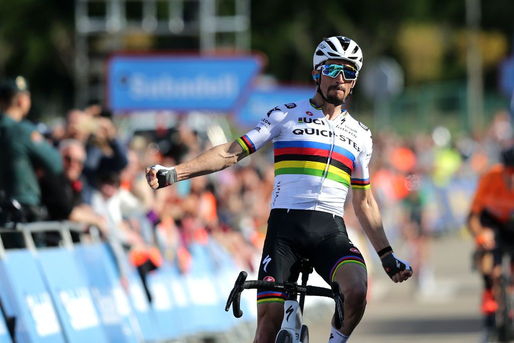 VIANA SPAIN APRIL 05 Julian Alaphilippe of France and Team QuickStep Alpha Vinyl celebrates at finish line as stage winner during the 61st Itzulia Basque Country 2022 Stage 2 a 2076km stage from Leitza to Viana 461m itzulia WorldTour on April 05 2022 in Viana Spain Photo by Gonzalo Arroyo MorenoGetty Images