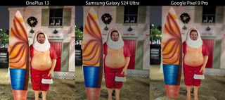 Comparing the OnePlus 13, Samsung Galaxy S24, and Google Pixel 9 Pro's rear camera portrait modes using a nighttime shot of a surfer Santa