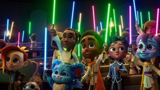 numerous animated young Jedi's holding lightsabers infront of a dark background