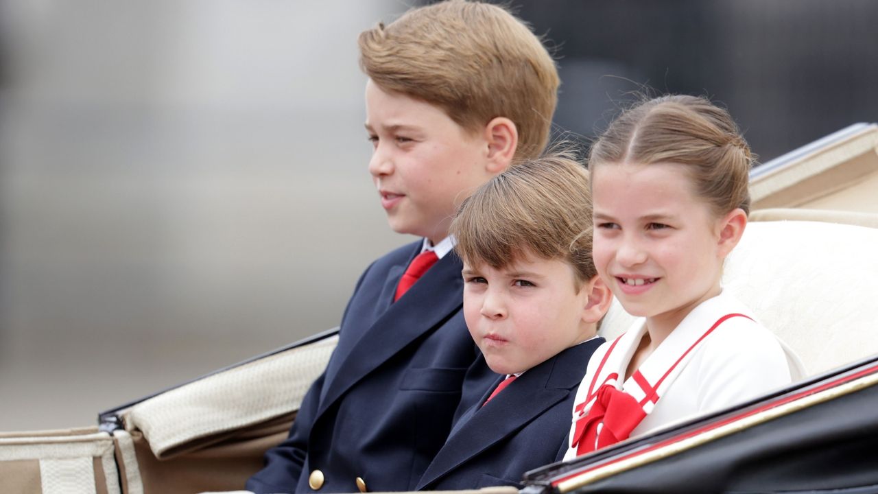 Prince George of Wales, Prince Louis of Wales and Princess Charlotte of Wales are seen during Trooping the Colour on June 17, 2023 in London, England. Trooping the Colour is a traditional parade held to mark the British Sovereign&#039;s official birthday. It will be the first Trooping the Colour held for King Charles III since he ascended to the throne. 