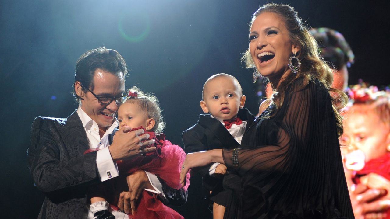 Marc Anthony, Jennifer Lopez and their kids Max and Emme on stage before he performs Valentine&#039;s Day show at Madison Square Garden on February 14, 2009 in New York City.