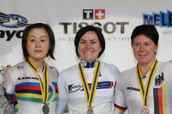 Women's keirin podium: Shuang Guo (2nd, China), Anna Meares (1st, Australia) and Christin Munche (3rd, Germany)