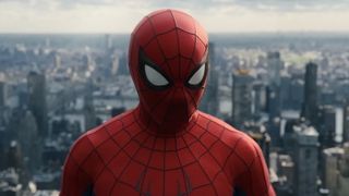 Spider-Man standing atop skyscraper with New York City skyline in the background in Spider-Man: Brand New Day