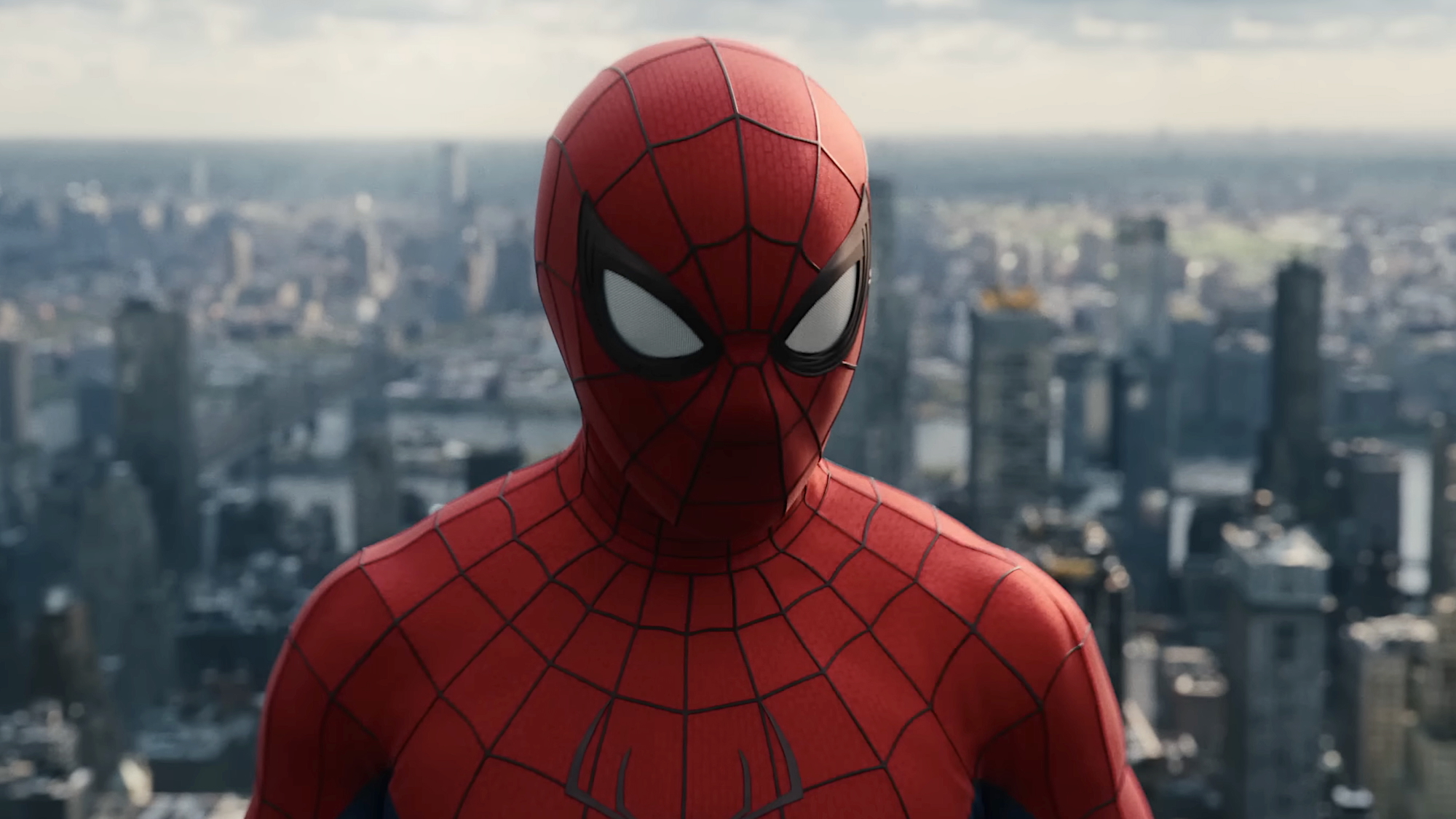 Spider-Man standing atop skyscraper with New York City skyline in the background in Spider-Man: Brand New Day