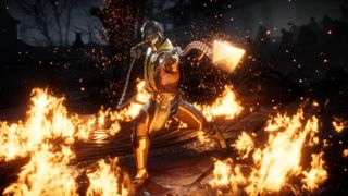 Mortal Kombat's Scorpion flings his chain toward the viewer in a field of fire