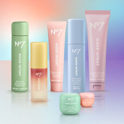 Photo of No7 Good Intent range on multi-colored background