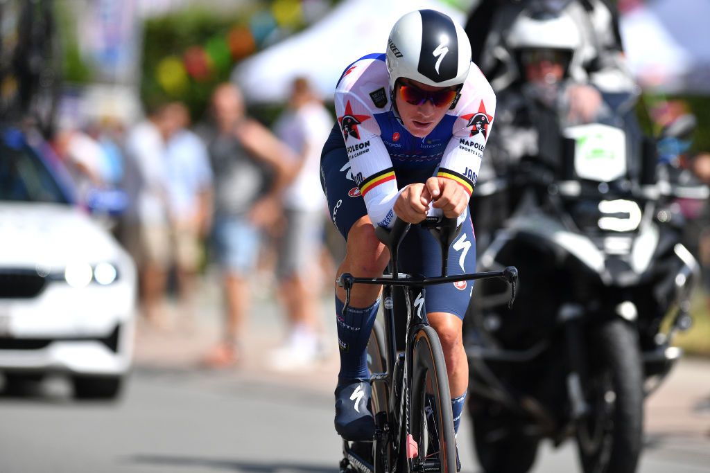 GAVERE BELGIUM JUNE 23 Yves Lampaert of Belgium sprints during the 123rd Belgian Road Championship 2022 Mens Individual Time Trial a 348km individual time trial one day race from Gavere to Gavere ITT BelgianCycling140 on June 23 2022 in Gavere Belgium Photo by Luc ClaessenGetty Images