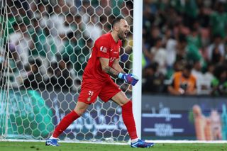 David Ospina celebrates victory for Al-Nassr against Al-Ahli in March 2024.