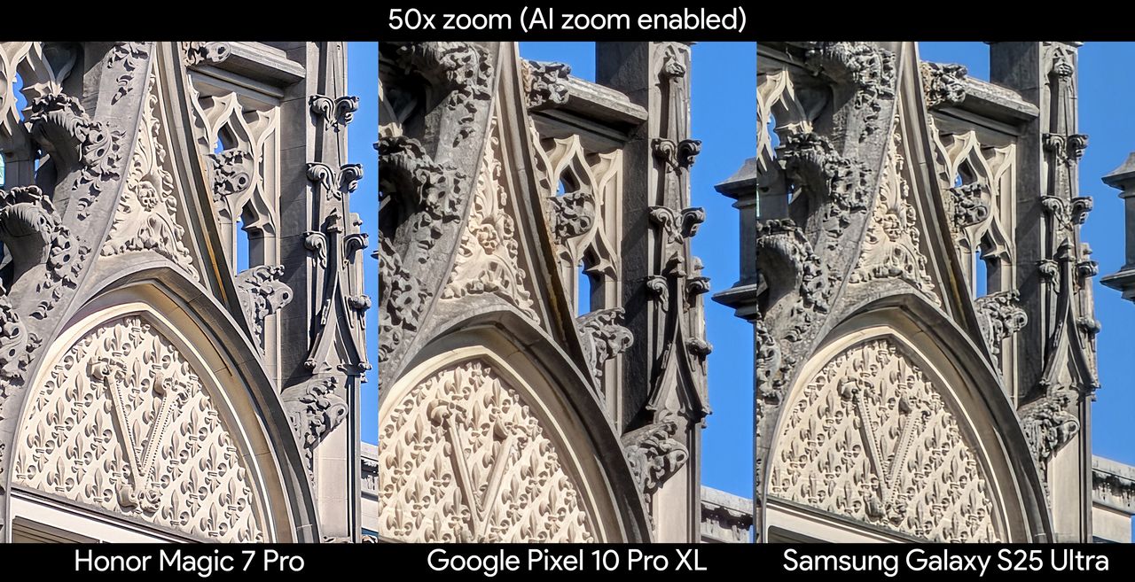 Comparing 50x zoom quality between a Google Pixel 9 Pro XL, Honor Magic 7 Pro, and a Samsung Galaxy S25 Ultra