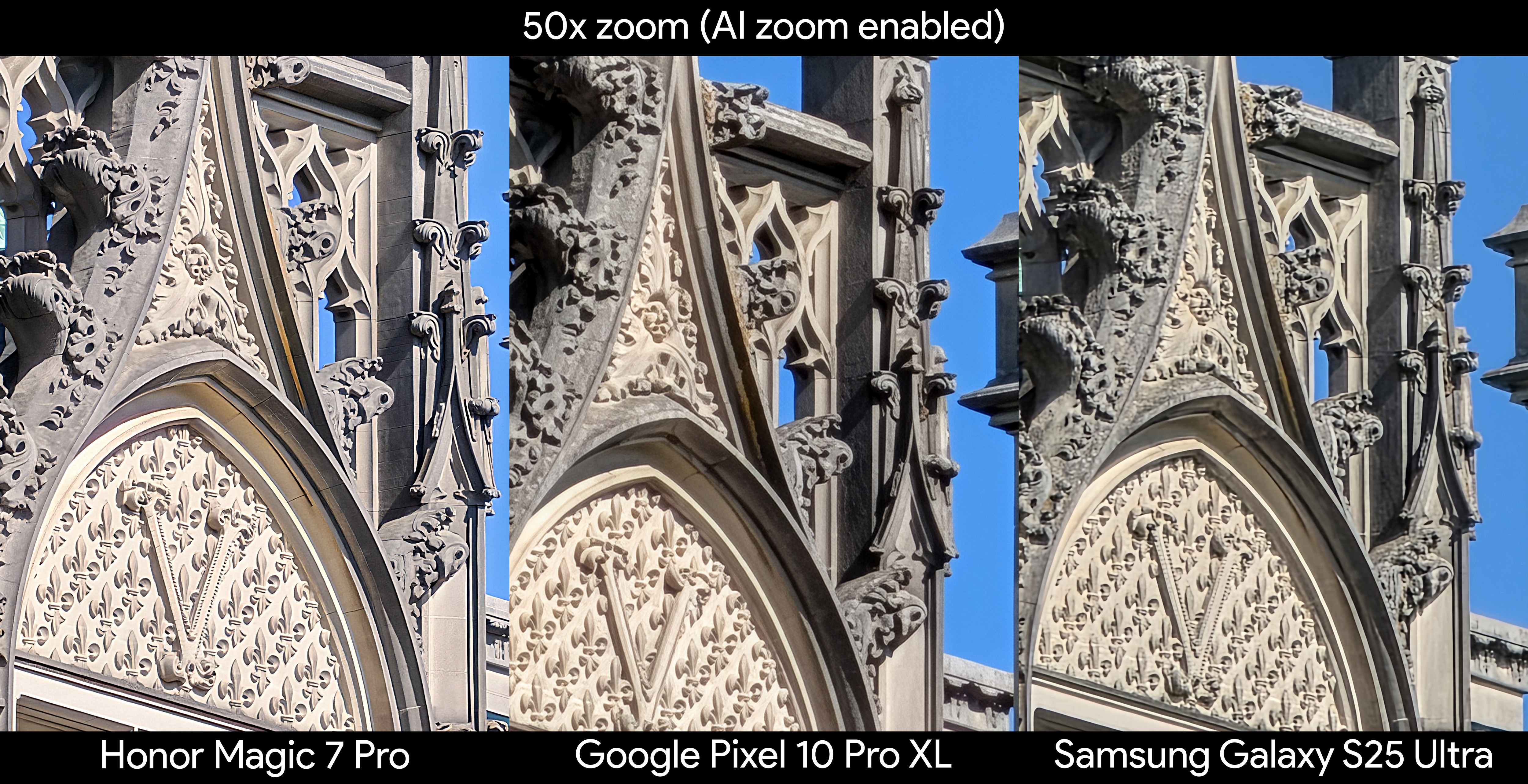 Comparing 50x zoom quality between a Google Pixel 9 Pro XL, Honor Magic 7 Pro, and a Samsung Galaxy S25 Ultra
