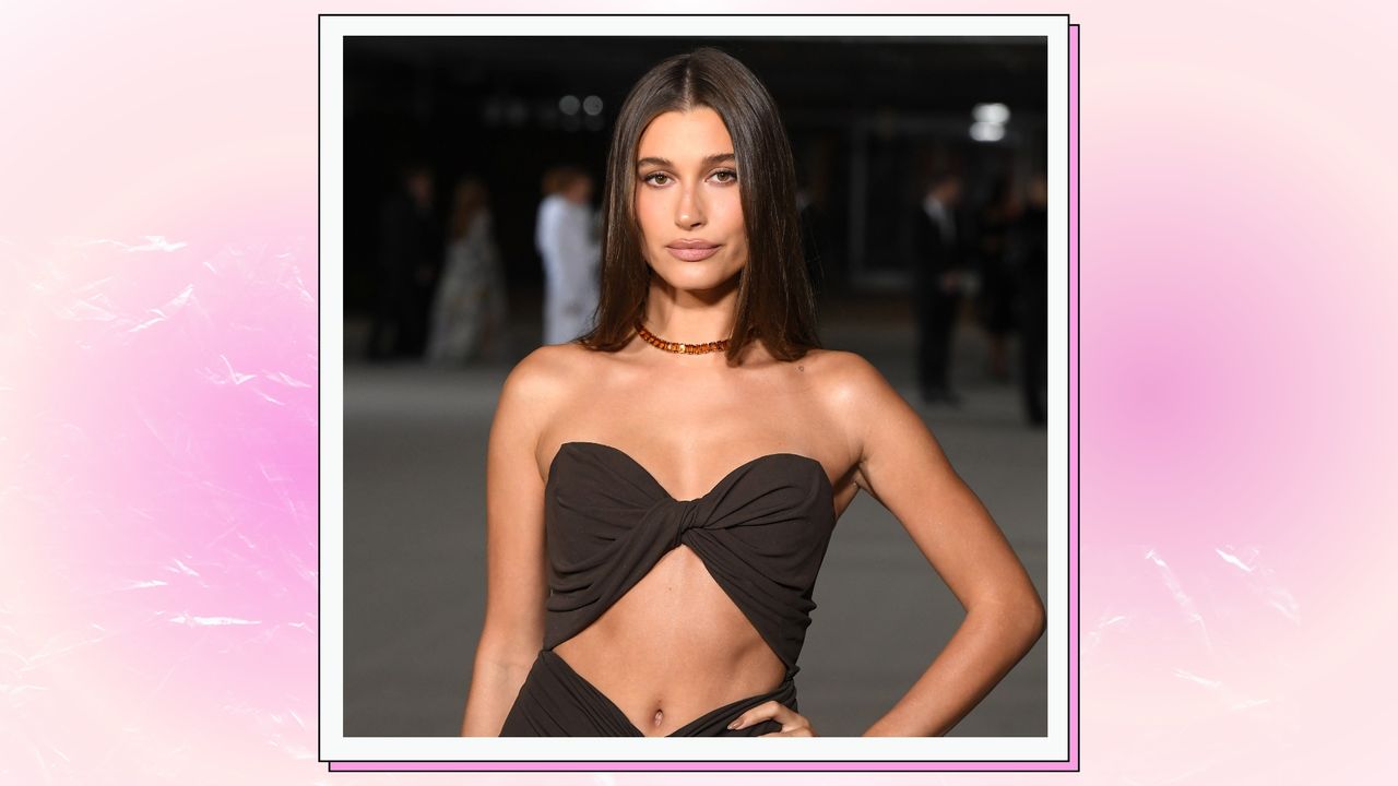 Hailey Bieber wears a brown, cut-out dress as she arrives at the 2nd Annual Academy Museum Gala at Academy Museum of Motion Pictures on October 15, 2022 in Los Angeles, California./ in a peach and purple/pink template