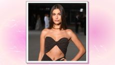 Hailey Bieber wears a brown, cut-out dress as she arrives at the 2nd Annual Academy Museum Gala at Academy Museum of Motion Pictures on October 15, 2022 in Los Angeles, California./ in a peach and purple/pink template