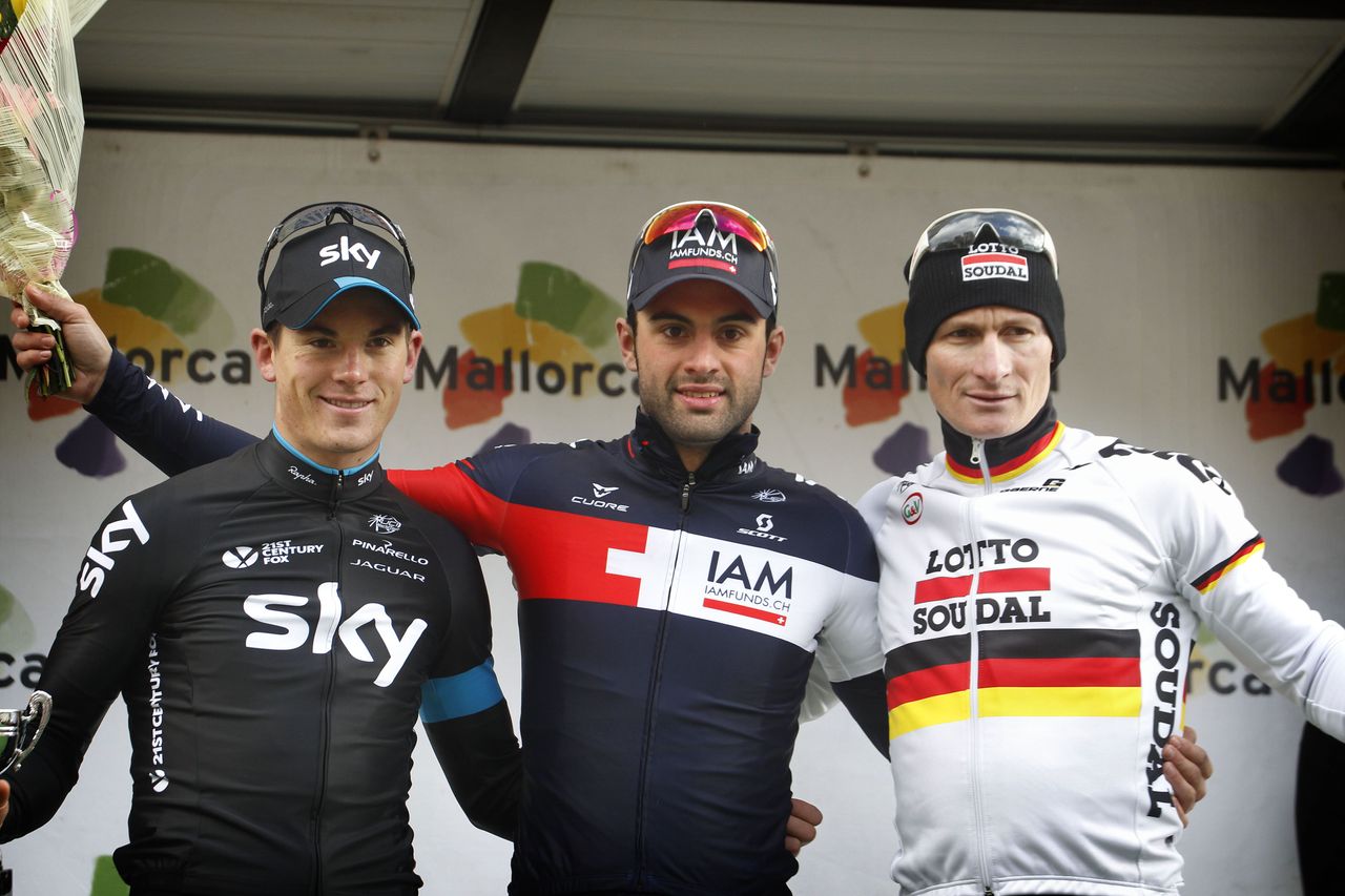 The podium of Ben Swift (Team Sky), Matteo Pelucchi (IAM Cycling) and Andr&eacute; Greipel (Lotto Soudal) in the mass finish