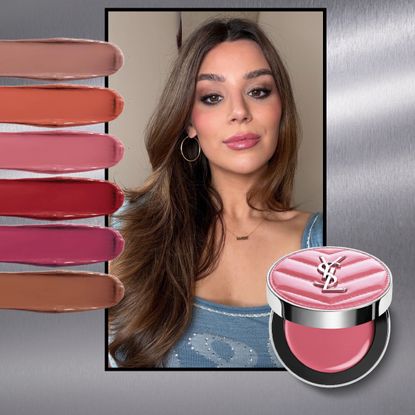a girl with a blue shirt and brown hair with cream blush swatches next to cream blushes