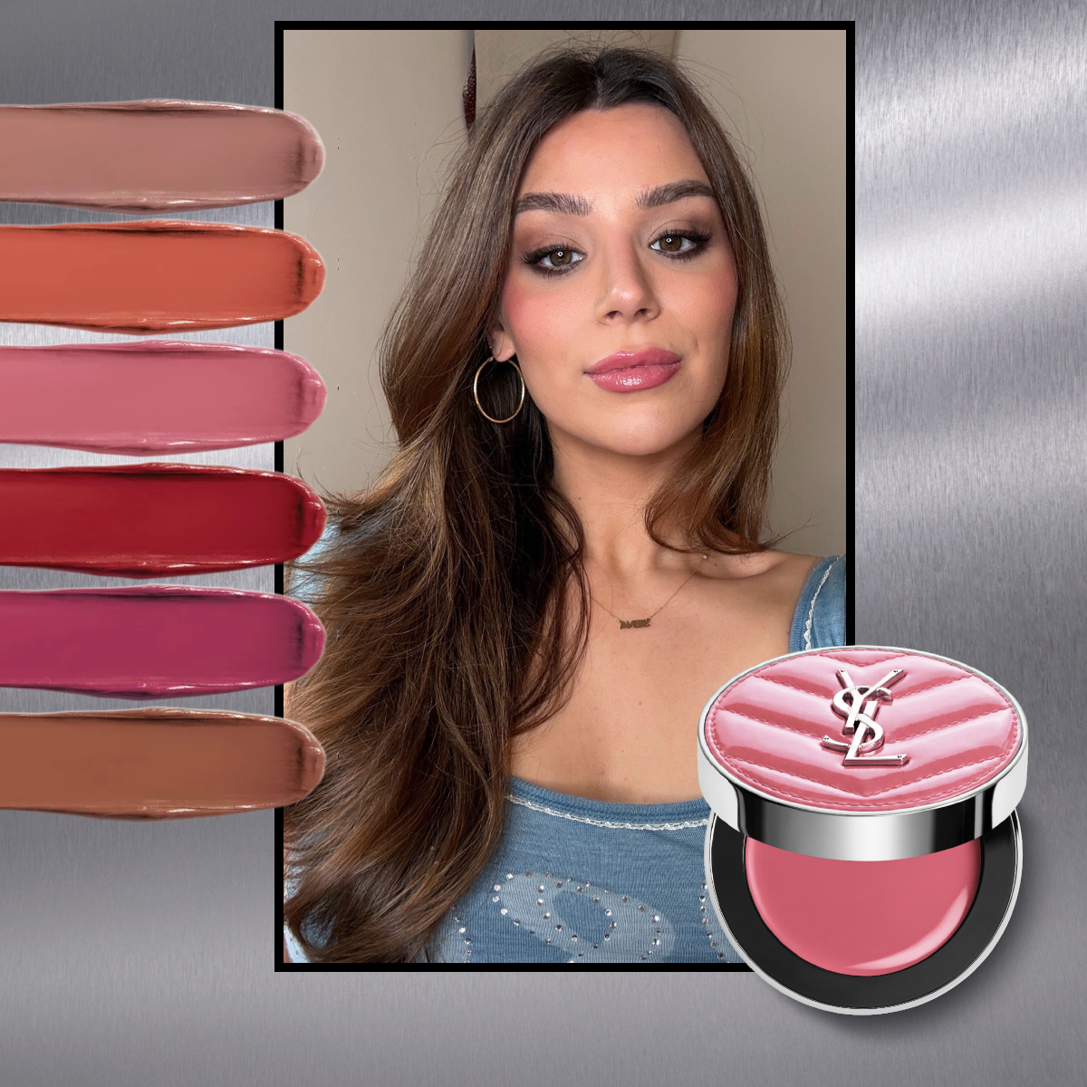 a girl with a blue shirt and brown hair with cream blush swatches next to cream blushes