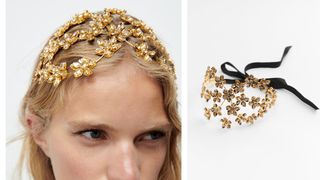 A gold metal headband with floral adornments and a ribbon tie back