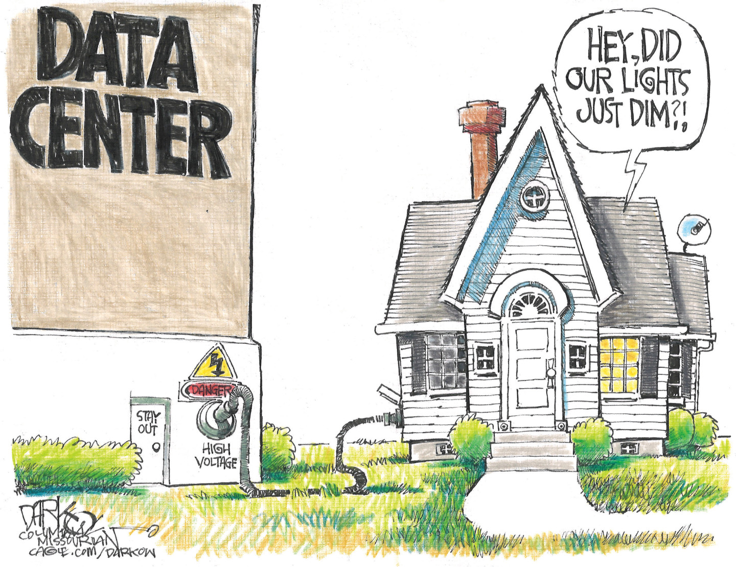 A modest yet nice-looking home has a cord running from its side to a massive data center building next door. The data center is pulling electricity from the home as a voice inside the home says, &amp;ldquo;Hey, did our lights just dim?!&amp;rdquo;
