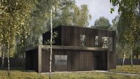 The black exterior of a Passivhaus with a green roof surrounded by silver birch trees