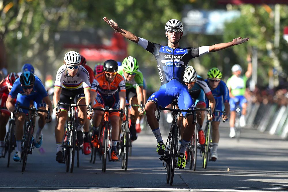 Fernando Gaviria celebrates winning stage 2 at the Tour de San Luis.