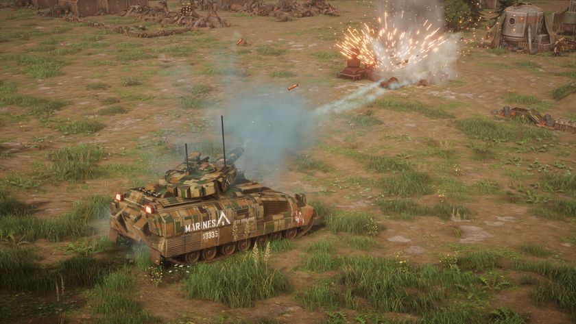 Menace - a camo tank fires across a field of battle