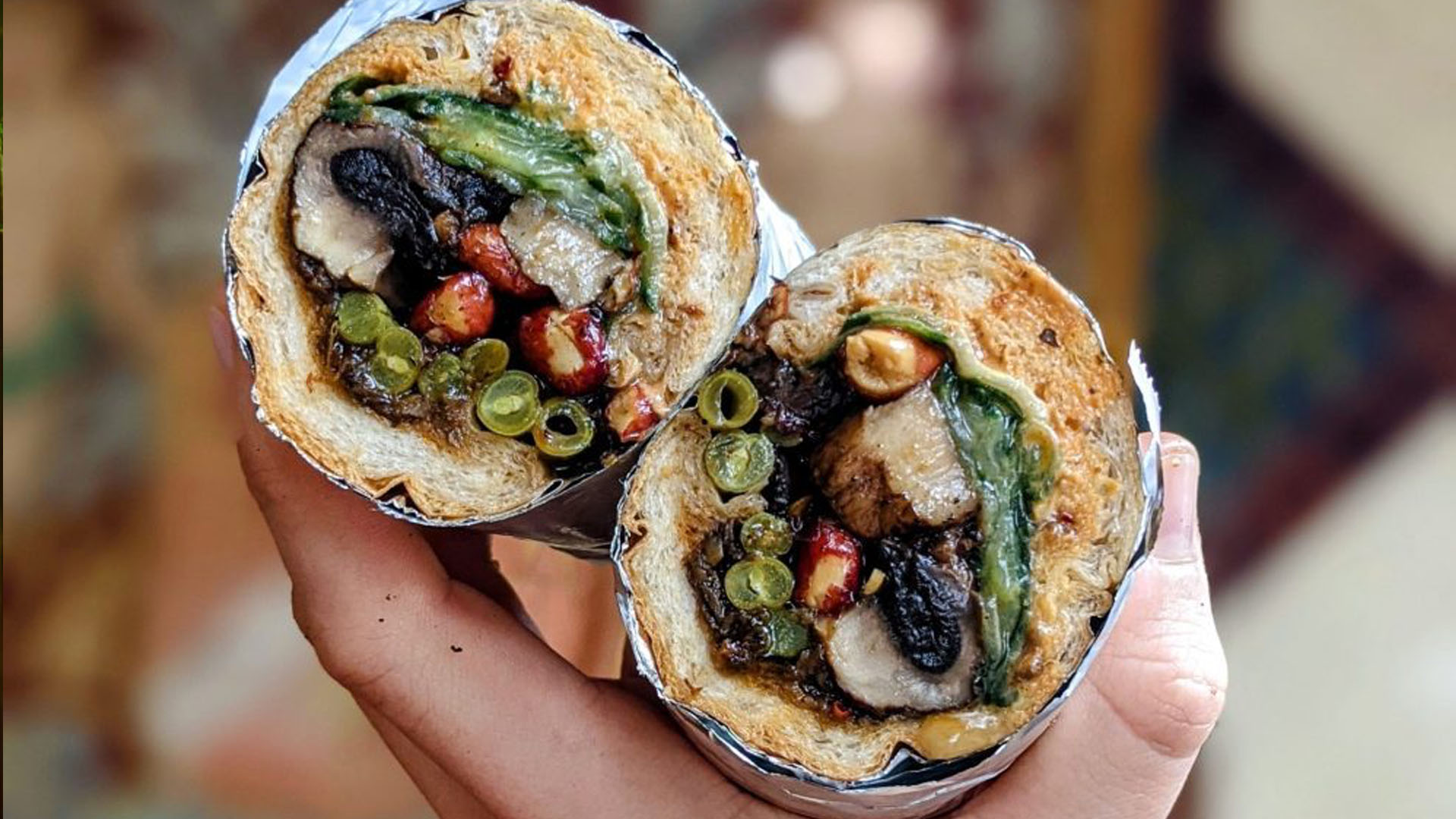 A cross section of a sandwich. 