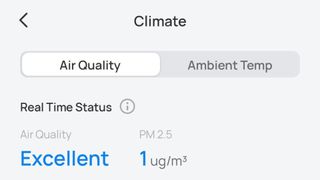 The real-time air quality reading in the Dreo app