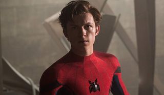 Spider-Man: Homecoming Tom Holland in his Spidey suit, amidst some wreckage