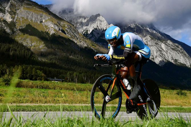 Rwanda&#039;s Joseph Areruya in the under-23 men&#039;s time trial at the 2018 World Championships in Innsbruck, Austria