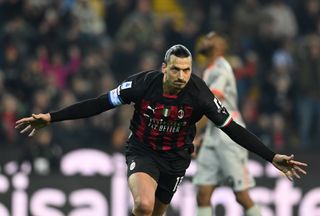 Zlatan Ibrahimovic celebrates after scoring for AC Milan against Udinese in March 2023.