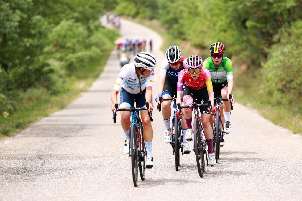 LAGUNAS DE NEILA SPAIN MAY 22 LR Lucinda Brand of Netherlands and Team Trek Segafredo and Anna Shackley of United Kingdom and Team SD Worx compete in the breakaway during the 7th Vuelta a Burgos Feminas 2022 Stage 4 a 1251km stage from Covarrubias to Lagunas de Neila 1867m VueltaBurgos BurgosFem UCIWWT on May 22 2022 in Lagunas de Neila Spain Photo by Gonzalo Arroyo MorenoGetty Images