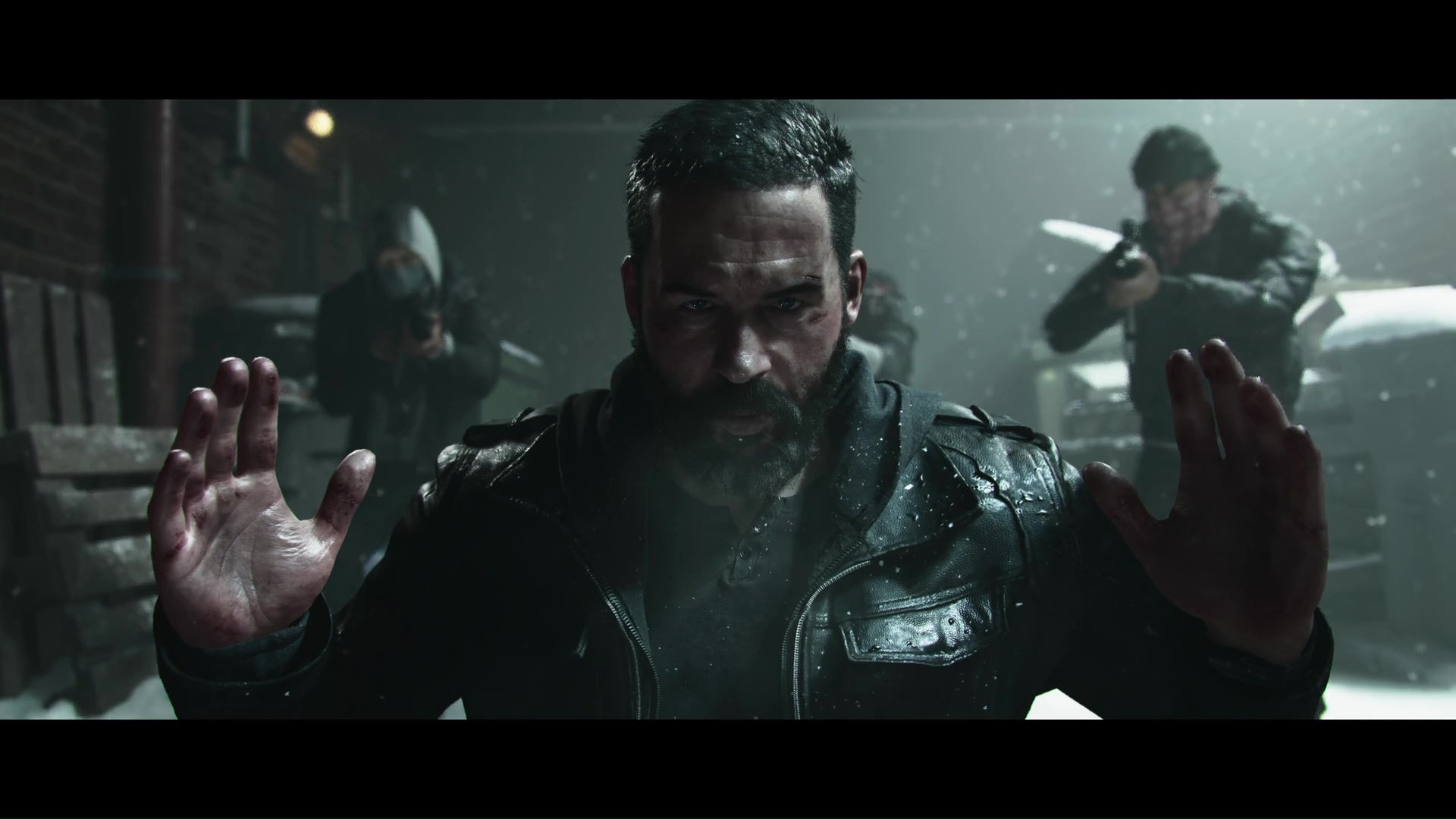 Captain Price raises his hands in the snow as he's approached by two people with guns behind him