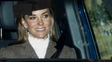 Catherine, Princess of Wales smiles as she arrives in a car ahead of a service at Crathie Kirk Church on August 23, 2026