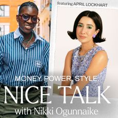 A photo of Nikki Ogunnaike next to an inset photo of April Lockhart with text reading Money. Power. Style. Nice Talk with Nikki Ogunnaike