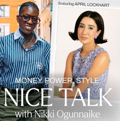A photo of Nikki Ogunnaike next to an inset photo of April Lockhart with text reading Money. Power. Style. Nice Talk with Nikki Ogunnaike