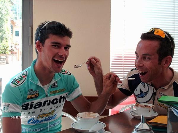 Gabriele Moureu and Joe Papp clown around at the King of Cappuccino.