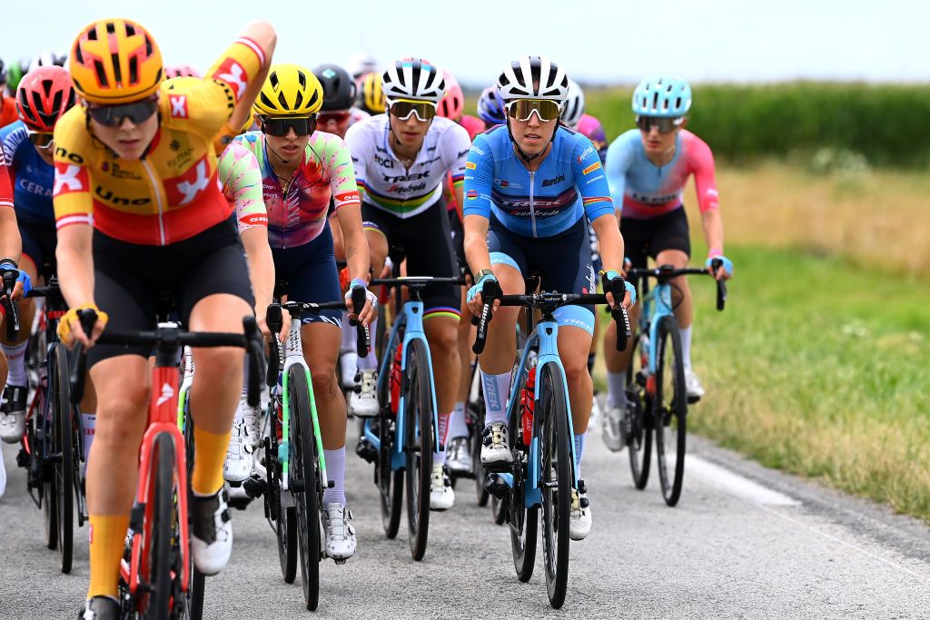 PROVINS FRANCE JULY 25 LR Katarzyna Niewiadoma of Poland and Team CanyonSRAM Racing and Shirin Van Anrooij of Netherlands and Team Trek Segafredo Blue UCI best young rider jersey compete during the 1st Tour de France Femmes 2022 Stage 2 a 1364km stage from Meaux to Provins TDFF UCIWWT on July 25 2022 in Provins France Photo by Tim de WaeleGetty Images