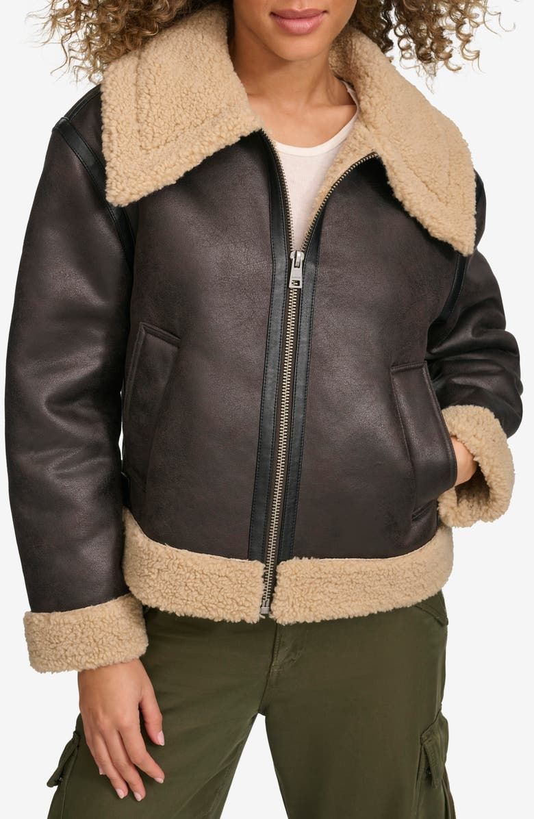 Faux Leather &amp; Faux Shearling Bomber Jacket