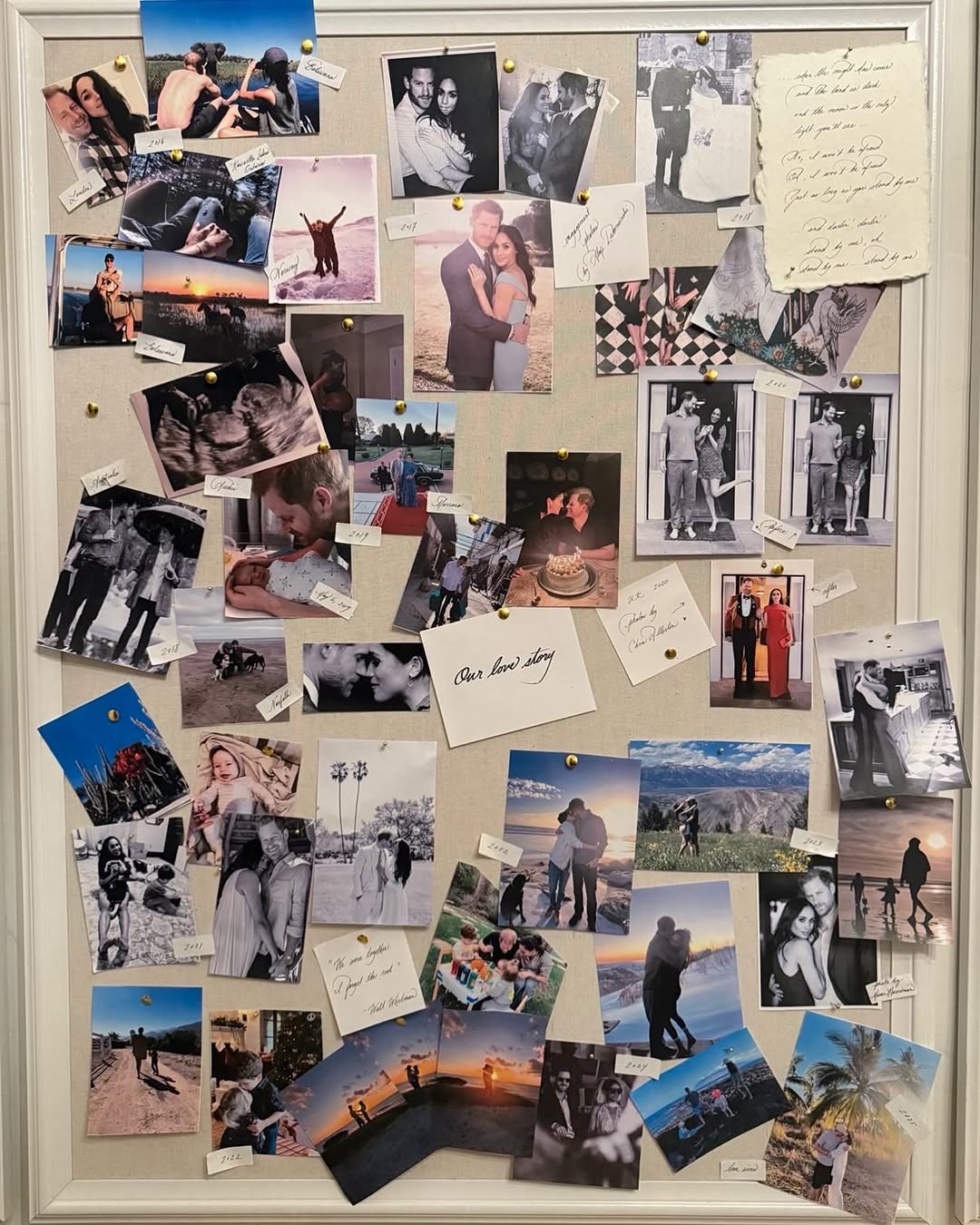 A bulletin board full of photos of Prince Harry and Meghan Markle