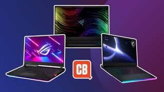 Product shots of the best laptops for gaming on a dark purple background with the Creative Bloq logo