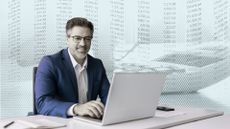 Man at laptop overlaid on graphic of investment screens