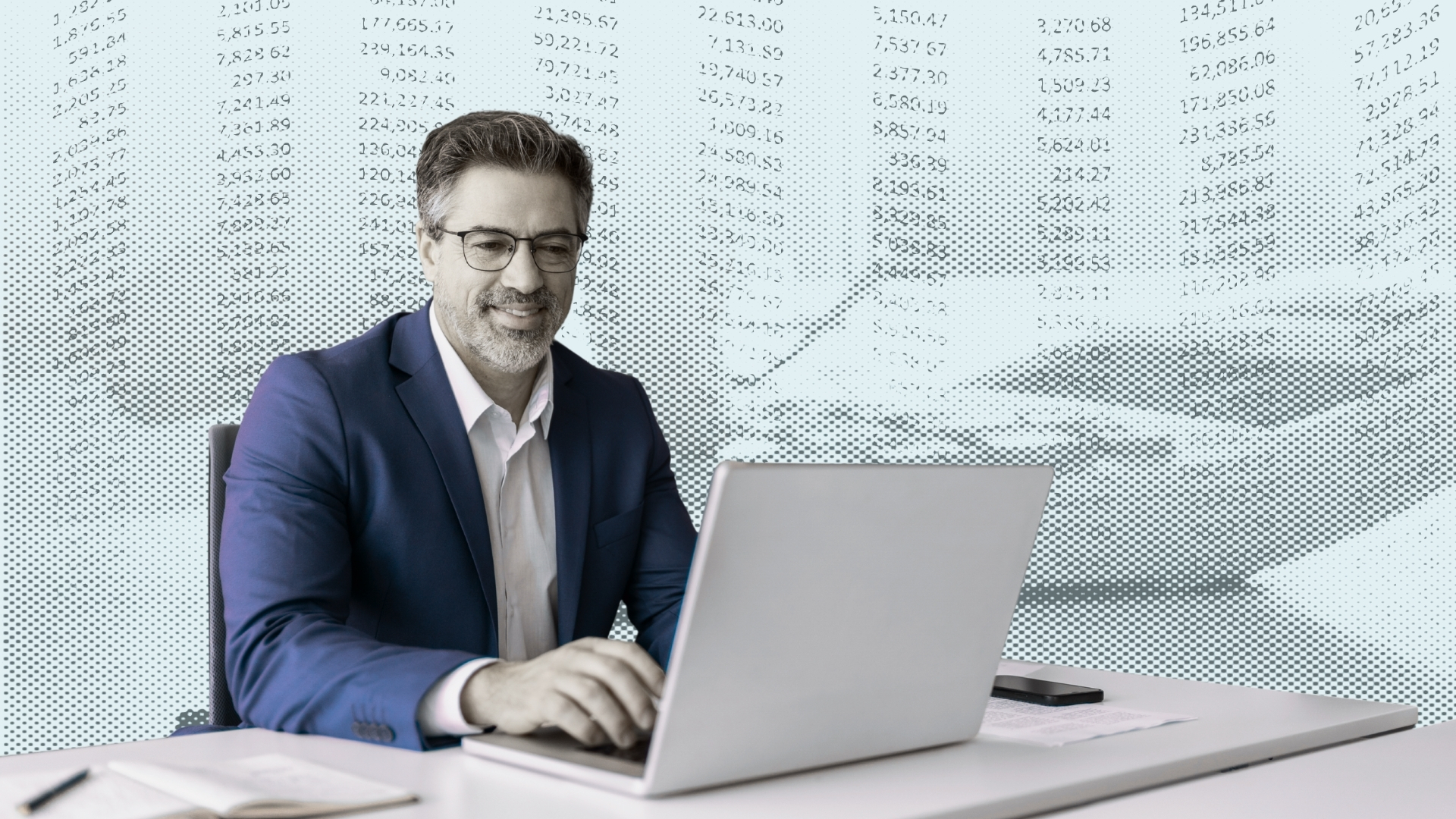 Man at laptop overlaid on graphic of investment screens 